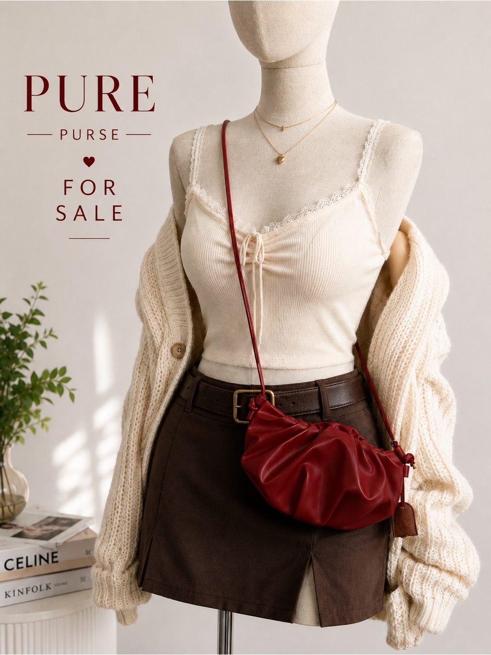 Maxstudio Red Gathered Leather Crossbody Bag